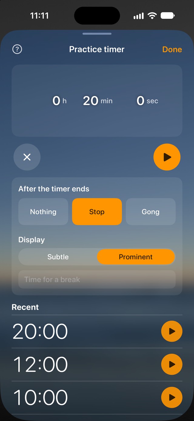 Practice timer for your session.